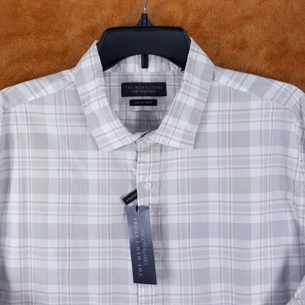 BLOOMINGDALES Mens Shirt Medium Gray Check Button Up Workwear Tattersall Plaid